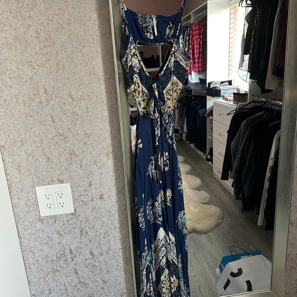 Free People Floral Blue and Gold Halter Jumpsuit
